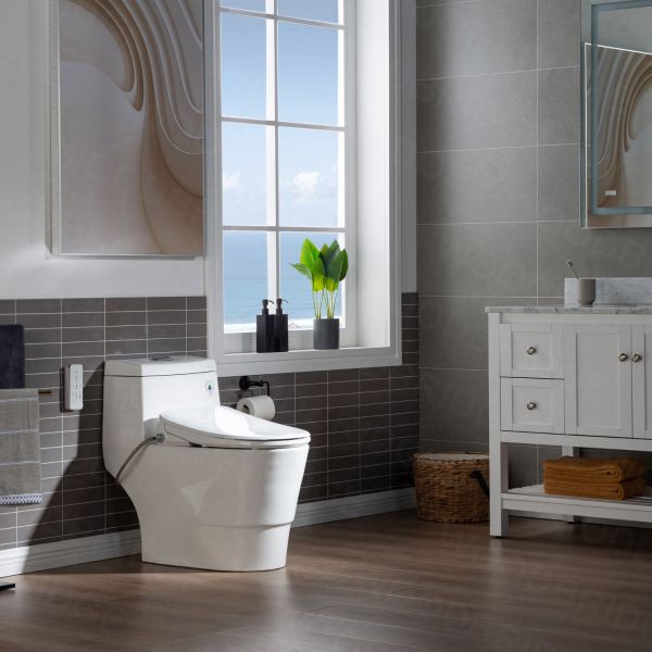  WOODBRIDGE T-0041 Elongated one Piece toilet with Smart Bidet Seat, Electronic Advanced Self Cleaning, Soft Close Lid, Adjustable Water Temperature, LED Nightlight, Heated Seat, Warm air Dryer. WHITE_6584