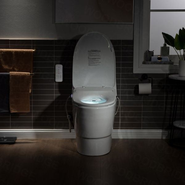  WOODBRIDGE T-0041 Elongated one Piece toilet with Smart Bidet Seat, Electronic Advanced Self Cleaning, Soft Close Lid, Adjustable Water Temperature, LED Nightlight, Heated Seat, Warm air Dryer. WHITE_6586