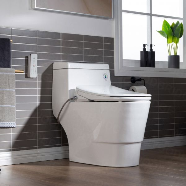  WOODBRIDGE T-0041 Elongated one Piece toilet with Smart Bidet Seat, Electronic Advanced Self Cleaning, Soft Close Lid, Adjustable Water Temperature, LED Nightlight, Heated Seat, Warm air Dryer. WHITE_6595