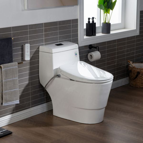 WOODBRIDGE T-0041 Elongated one Piece toilet with Smart Bidet Seat, Electronic Advanced Self Cleaning, Soft Close Lid, Adjustable Water Temperature, LED Nightlight, Heated Seat, Warm air Dryer. WHITE