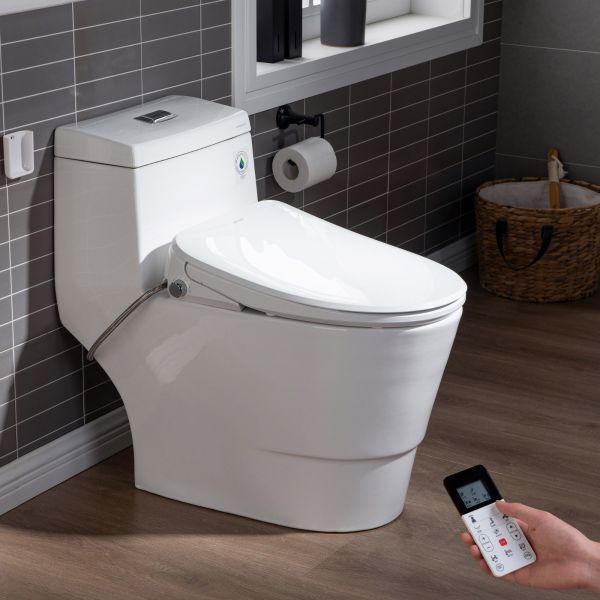 WOODBRIDGE T-0041 Elongated one Piece toilet with Smart Bidet Seat, Electronic Advanced Self Cleaning, Soft Close Lid, Adjustable Water Temperature, LED Nightlight, Heated Seat, Warm air Dryer. WHITE_6599