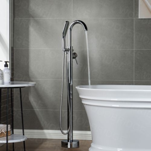 WOODBRIDGE F0002CHSQ Fusion Single Handle Floor Mount Freestanding Tub Filler Faucet with Square Shape Comfort Grip Hand Shower in Polished Chrome Finish.