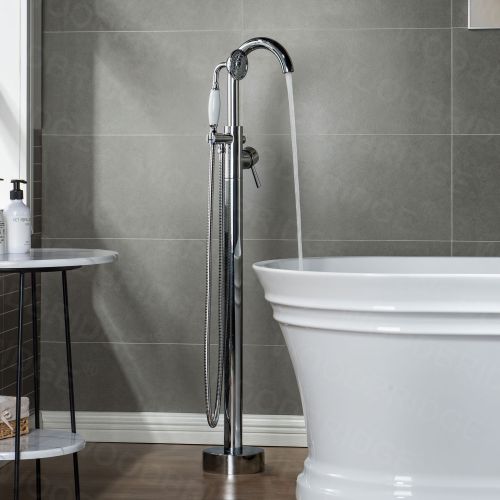 WOODBRIDGE F0002CHVT Fusion Single Handle Floor Mount Freestanding Tub Filler Faucet with Telephone Hand shower in Polished Chrome Finish.