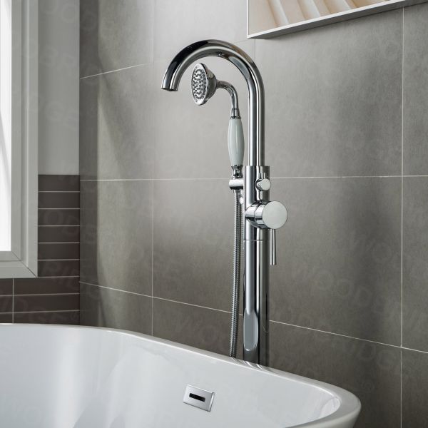  WOODBRIDGE F0002CHVT Fusion Single Handle Floor Mount Freestanding Tub Filler Faucet with Telephone Hand shower in Polished Chrome Finish._6432