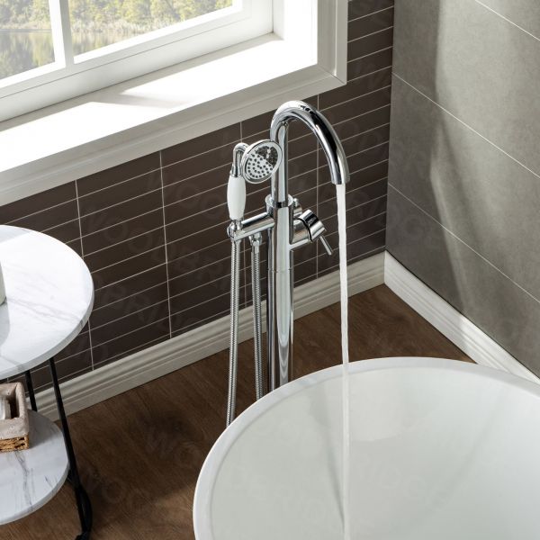  WOODBRIDGE F0002CHVT Fusion Single Handle Floor Mount Freestanding Tub Filler Faucet with Telephone Hand shower in Polished Chrome Finish._6438