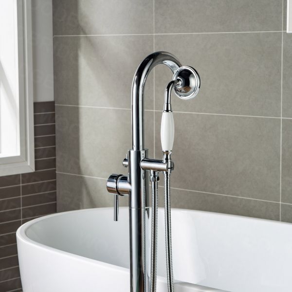 WOODBRIDGE F0002CHVT Fusion Single Handle Floor Mount Freestanding Tub Filler Faucet with Telephone Hand shower in Polished Chrome Finish._6442