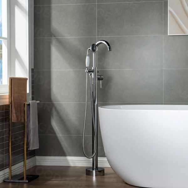  WOODBRIDGE F0002CHVT Fusion Single Handle Floor Mount Freestanding Tub Filler Faucet with Telephone Hand shower in Polished Chrome Finish._6444