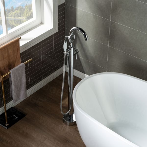  WOODBRIDGE F0002CHVT Fusion Single Handle Floor Mount Freestanding Tub Filler Faucet with Telephone Hand shower in Polished Chrome Finish._6445