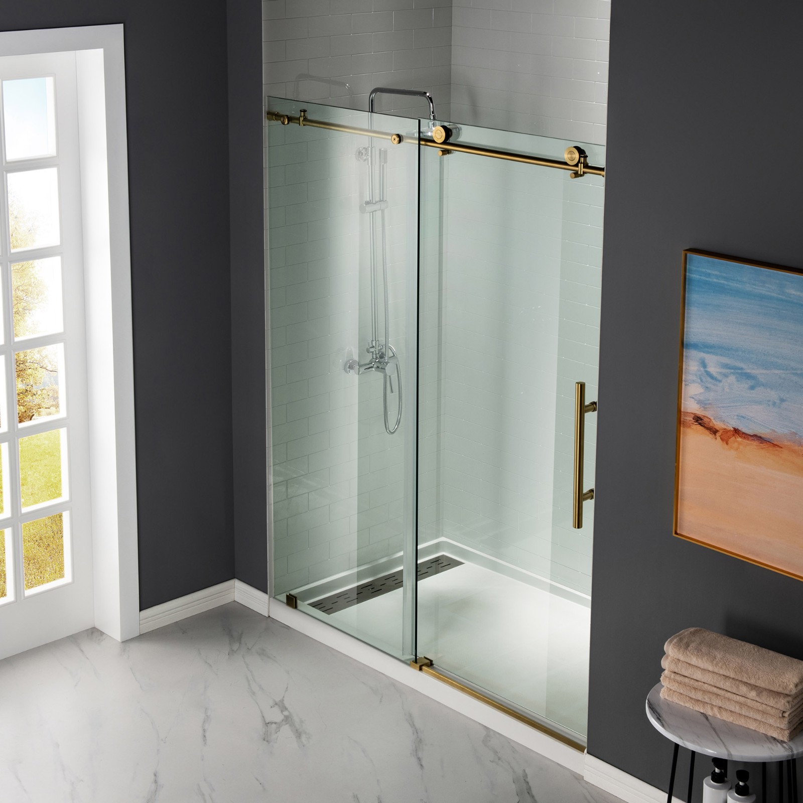 ᐅ【WOODBRIDGE Frameless Shower Doors 4448" Width x 76"Height with 3/8