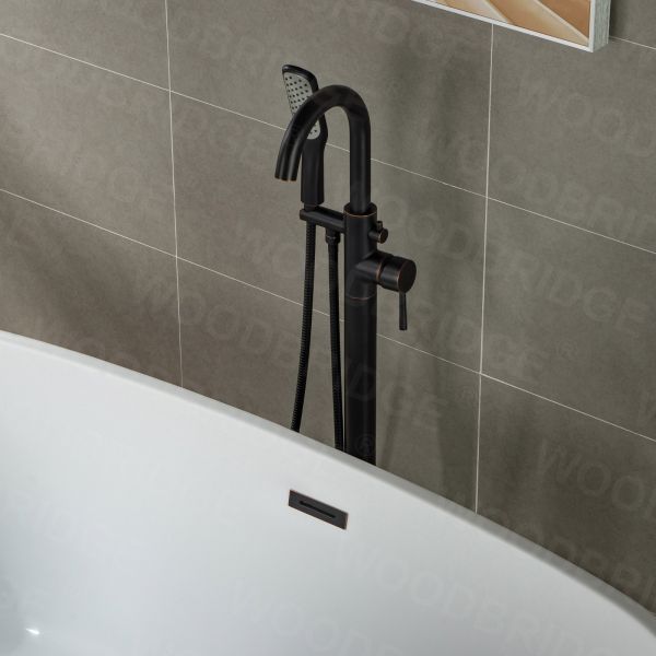  WOODBRIDGE Contemporary Single Handle Floor Mount Freestanding Tub Filler Faucet with Hand Shower in (Oil Rubbed Bronze) Finish,F0010ORBSQ_6034
