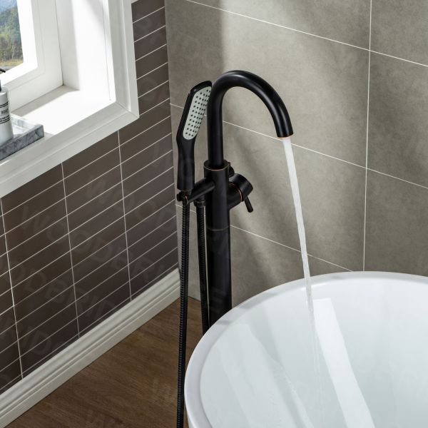  WOODBRIDGE Contemporary Single Handle Floor Mount Freestanding Tub Filler Faucet with Hand Shower in (Oil Rubbed Bronze) Finish,F0010ORBSQ_6040