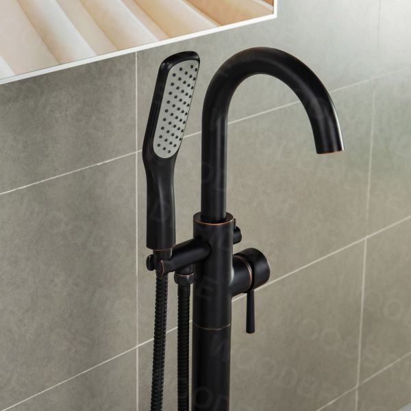  WOODBRIDGE Contemporary Single Handle Floor Mount Freestanding Tub Filler Faucet with Hand Shower in (Oil Rubbed Bronze) Finish,F0010ORBSQ