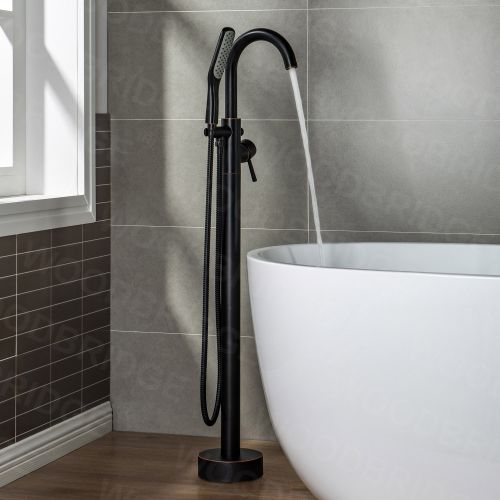 WOODBRIDGE Contemporary Single Handle Floor Mount Freestanding Tub Filler Faucet with Hand Shower in (Oil Rubbed Bronze) Finish,F0010ORBSQ