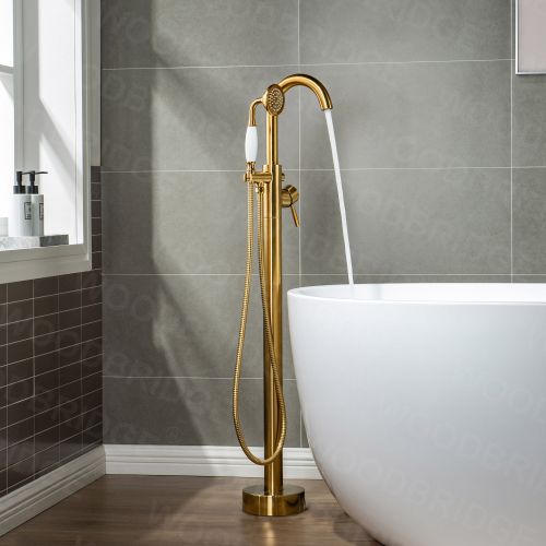 WOODBRIDGE F0007BGVT Fusion Single Handle Floor Mount Freestanding Tub Filler Faucet with Telephone Hand shower in Brushed Gold Finish.