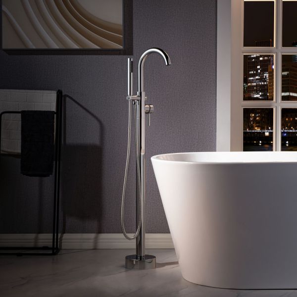  WOODBRIDGE F0024CHRD Contemporary Single Handle Floor Mount Freestanding Tub Filler Faucet with Cylinder Shape Hand shower in Polished Chrome Finish._5955
