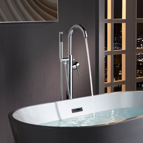 WOODBRIDGE F0024CHRD Contemporary Single Handle Floor Mount Freestanding Tub Filler Faucet with Cylinder Shape Hand shower in Polished Chrome Finish._5956