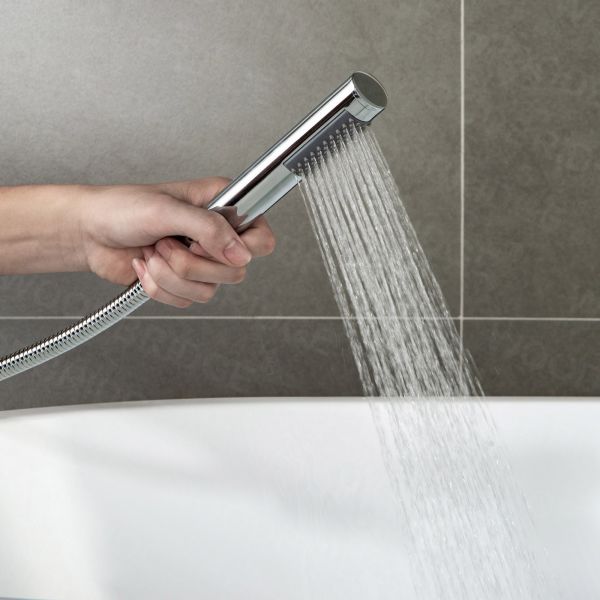  WOODBRIDGE F0024CHRD Contemporary Single Handle Floor Mount Freestanding Tub Filler Faucet with Cylinder Shape Hand shower in Polished Chrome Finish._5958