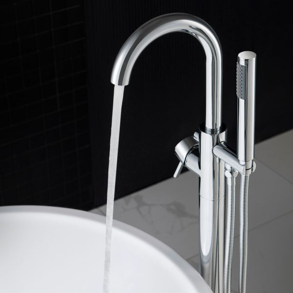  WOODBRIDGE F0024CHRD Contemporary Single Handle Floor Mount Freestanding Tub Filler Faucet with Cylinder Shape Hand shower in Polished Chrome Finish._5960