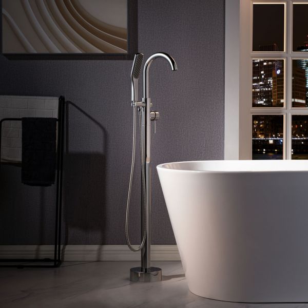  WOODBRIDGE F0024CHSQ Fusion Single Handle Floor Mount Freestanding Tub Filler Faucet with Square Comfort Grip Hand Shower in Polished Chrome Finish._5946