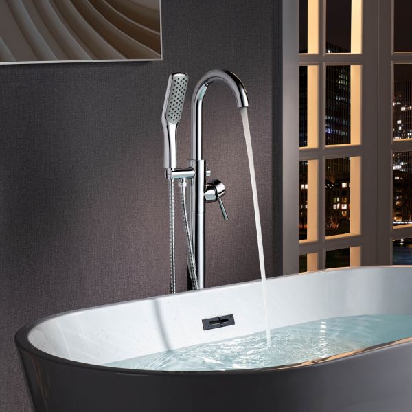  WOODBRIDGE F0024CHSQ Fusion Single Handle Floor Mount Freestanding Tub Filler Faucet with Square Comfort Grip Hand Shower in Polished Chrome Finish._5947
