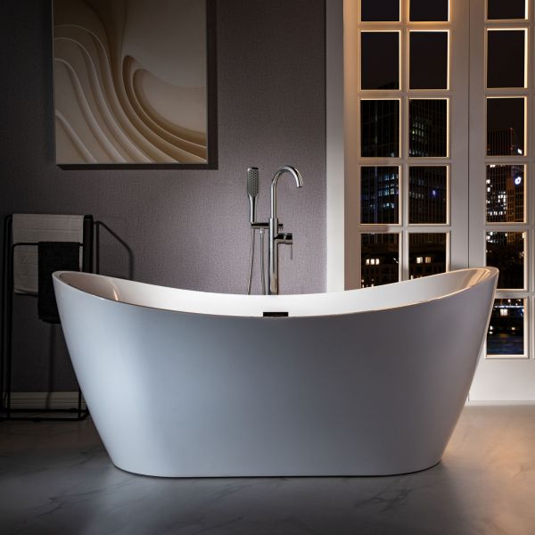  WOODBRIDGE F0024CHSQ Fusion Single Handle Floor Mount Freestanding Tub Filler Faucet with Square Comfort Grip Hand Shower in Polished Chrome Finish._5948
