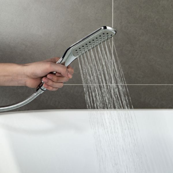  WOODBRIDGE F0024CHSQ Fusion Single Handle Floor Mount Freestanding Tub Filler Faucet with Square Comfort Grip Hand Shower in Polished Chrome Finish._5949
