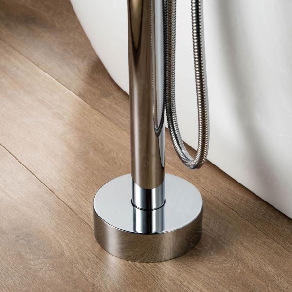  WOODBRIDGE F0024CHSQ Fusion Single Handle Floor Mount Freestanding Tub Filler Faucet with Square Comfort Grip Hand Shower in Polished Chrome Finish._5952