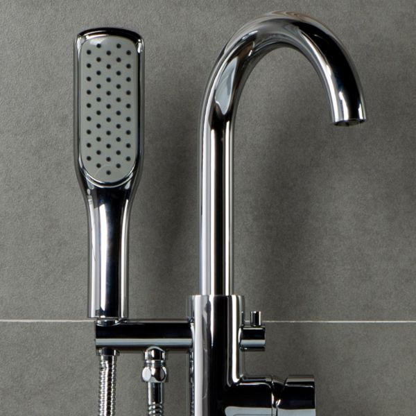  WOODBRIDGE F0024CHSQ Fusion Single Handle Floor Mount Freestanding Tub Filler Faucet with Square Comfort Grip Hand Shower in Polished Chrome Finish._5951