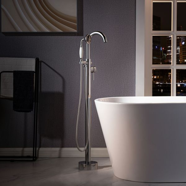  WOODBRIDGE F0024CHVT Fusion Single Handle Floor Mount Freestanding Tub Filler Faucet with Telephone Hand shower in Polished Chrome Finish._5937