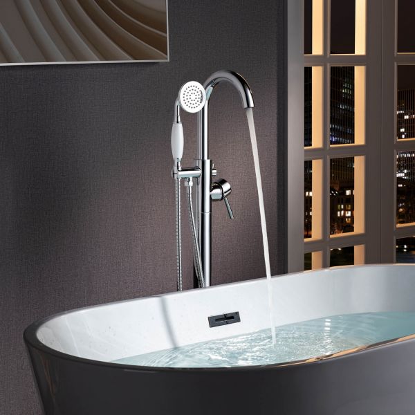  WOODBRIDGE F0024CHVT Fusion Single Handle Floor Mount Freestanding Tub Filler Faucet with Telephone Hand shower in Polished Chrome Finish._5938