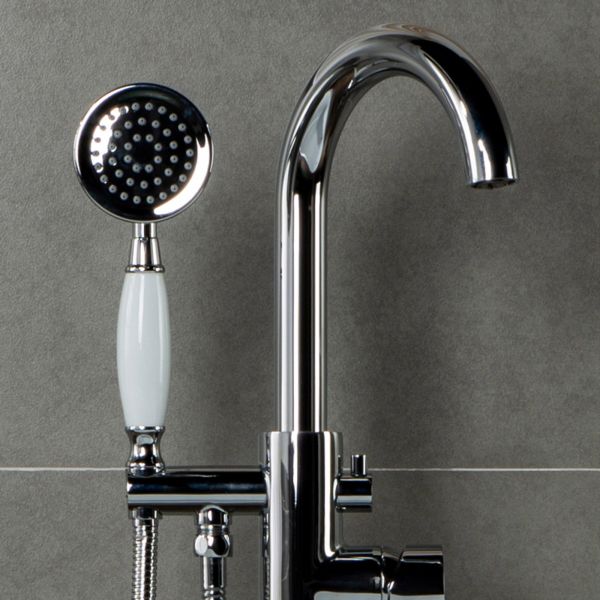  WOODBRIDGE F0024CHVT Fusion Single Handle Floor Mount Freestanding Tub Filler Faucet with Telephone Hand shower in Polished Chrome Finish._5942
