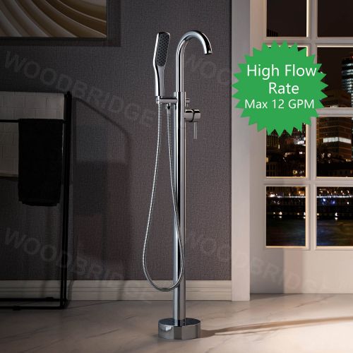 WOODBRIDGE F0024CHSQ Fusion Single Handle Floor Mount Freestanding Tub Filler Faucet with Square Comfort Grip Hand Shower in Polished Chrome Finish.