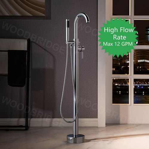 WOODBRIDGE F0024CHRD Contemporary Single Handle Floor Mount Freestanding Tub Filler Faucet with Cylinder Shape Hand shower in Polished Chrome Finish.