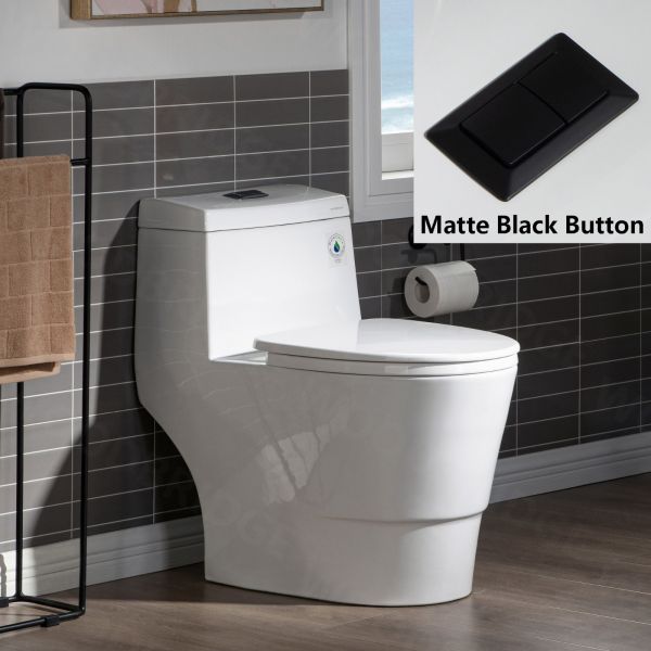  WOODBRIDGEE One Piece Toilet with Soft Closing Seat, Chair Height, 1.28 GPF Dual, Water Sensed, 1000 Gram MaP Flushing Score Toilet with Matte Black Button T0001-MB, White_7657