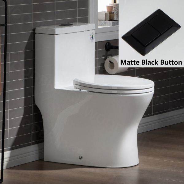WOODBRIDGE One Piece Short Compact Bathroom Tiny Mini Commode Water Closet Dual Flush Concealed Trapway, Matte Black Button B0500-MB, White