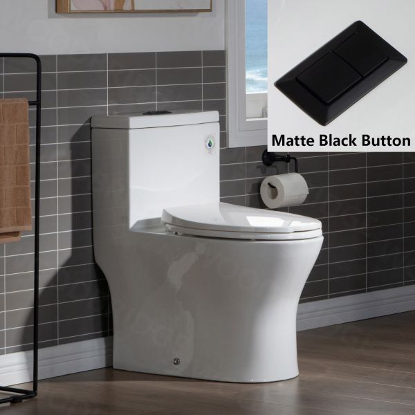 WOODBRIDGE Modern One Piece Dual Flush 1.28 GP Toilet,with Soft Closing Seat, Matte Black Button B0750-MB, White