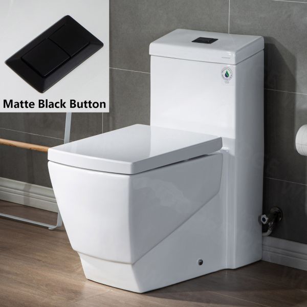  WOODBRIDGE Modern Square Design One Piece Dual Flush 1.28 GP Toilet,Chair Height with Soft Closing Seat, Matte Black Button B0920-MB, White_7641