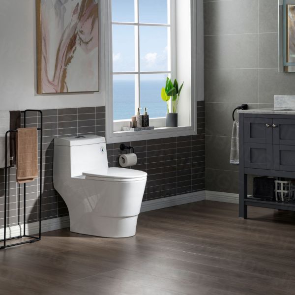  WOODBRIDGEE One Piece Toilet with Soft Closing Seat, Chair Height, 1.28 GPF Dual, Water Sensed, 1000 Gram MaP Flushing Score Toilet with Brushed Nickel Button T0001-BN, White_5725