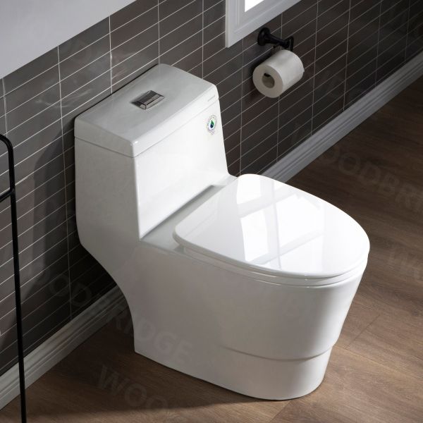  WOODBRIDGEE One Piece Toilet with Soft Closing Seat, Chair Height, 1.28 GPF Dual, Water Sensed, 1000 Gram MaP Flushing Score Toilet with Brushed Nickel Button T0001-BN, White_5730