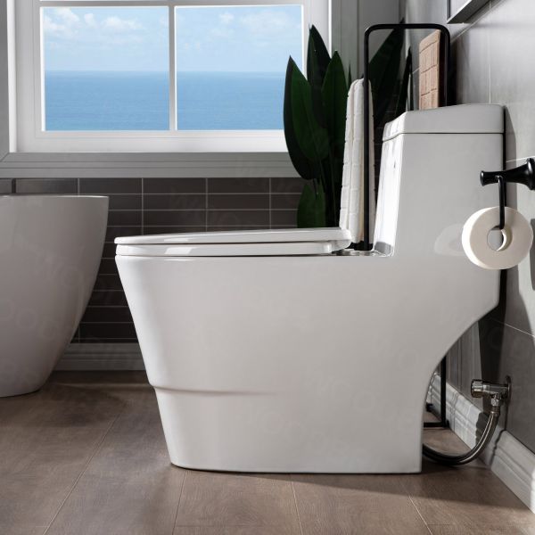  WOODBRIDGEE One Piece Toilet with Soft Closing Seat, Chair Height, 1.28 GPF Dual, Water Sensed, 1000 Gram MaP Flushing Score Toilet with Brushed Nickel Button T0001-BN, White_5731