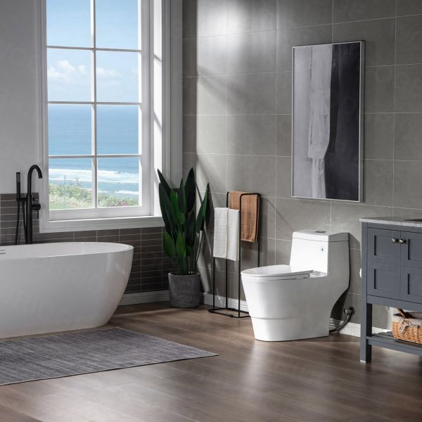  WOODBRIDGEE One Piece Toilet with Soft Closing Seat, Chair Height, 1.28 GPF Dual, Water Sensed, 1000 Gram MaP Flushing Score Toilet with Brushed Nickel Button T0001-BN, White_5737
