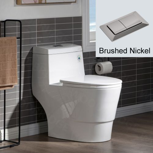 WOODBRIDGEE One Piece Toilet with Soft Closing Seat, Chair Height, 1.28 GPF Dual, Water Sensed, 1000 Gram MaP Flushing Score Toilet with Brushed Nickel Button T0001-BN, White
