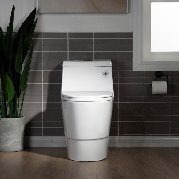 WOODBRIDGEE One Piece Toilet with Soft Closing Seat, Chair Height, 1.28 GPF Dual, Water Sensed, 1000 Gram MaP Flushing Score Toilet with Brushed Gold Button T0001-BG, White