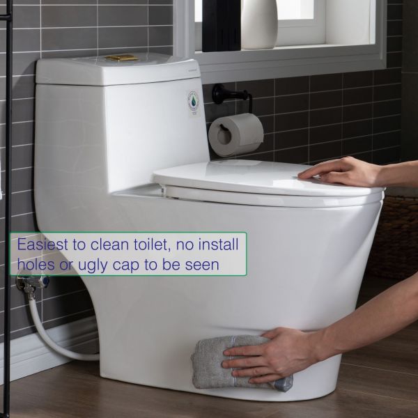  WOODBRIDGEE One Piece Toilet with Soft Closing Seat, Chair Height, 1.28 GPF Dual, Water Sensed, 1000 Gram MaP Flushing Score Toilet with Brushed Gold Button T0001-BG, White_5718