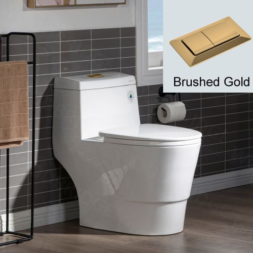 WOODBRIDGE One Piece, 1.28 GPF Dual, Comfort Height, Water Sensed, 1000 Gram MaP Flushing Score Toilet with Brushed Gold Button T0001-BG, White