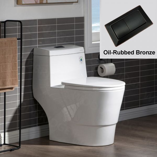 WOODBRIDGEE One Piece Toilet with Soft Closing Seat, Chair Height, 1.28 GPF Dual, Water Sensed, 1000 Gram MaP Flushing Score Toilet with Oil Rubbed Bronze Button T0001-ORB, White