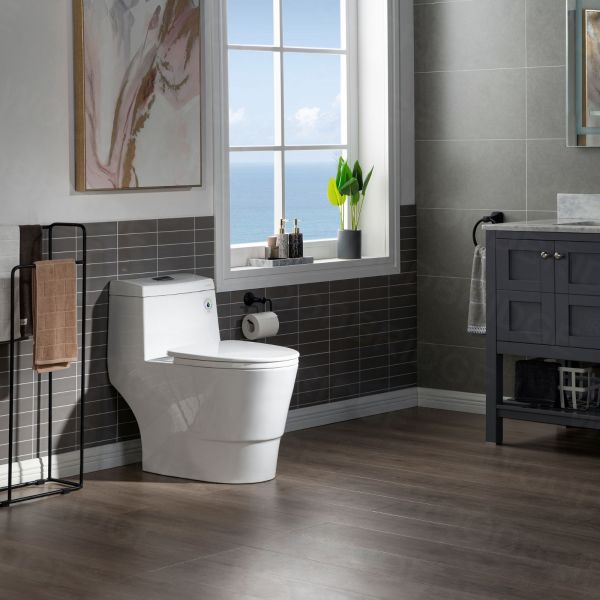 WOODBRIDGEE One Piece Toilet with Soft Closing Seat, Chair Height, 1.28 GPF Dual, Water Sensed, 1000 Gram MaP Flushing Score Toilet with Oil Rubbed Bronze Button T0001-ORB, White