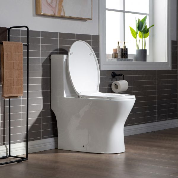  WOODBRIDGE One Piece Short Compact Bathroom Tiny Mini Commode Water Closet Dual Flush Concealed Trapway, Brushed Gold Button B0500-BG, White_5663