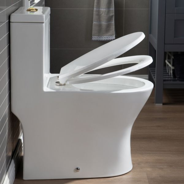 WOODBRIDGE One Piece Short Compact Bathroom Tiny Mini Commode Water Closet Dual Flush Concealed Trapway, Brushed Gold Button B0500-BG, White_5667