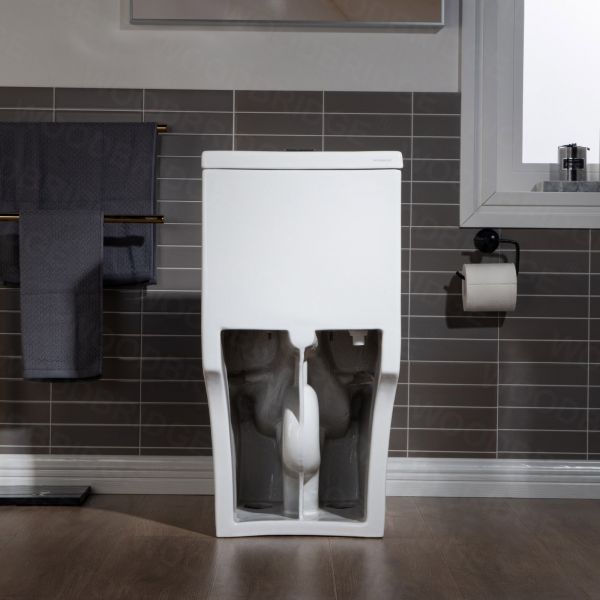  WOODBRIDGE One Piece Short Compact Bathroom Tiny Mini Commode Water Closet Dual Flush Concealed Trapway, Brushed Gold Button B0500-BG, White_5672